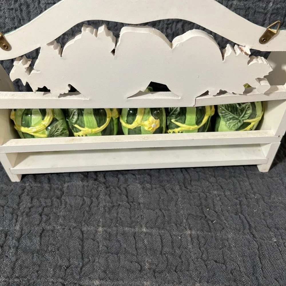 Vintage Wooden Spice Rack with 5 Ceramic Bottles Watermelon‎ Shaped